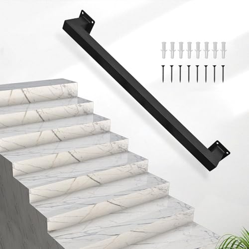 4FT Black Iron Handrail, Wall Mount Stair Rail, 440lbs Load Capacity, Non-Slip & Rust-Resistant Industrial Pipe Railing for Indoor Stairs, Outdoor Decks, Lofts and Porches