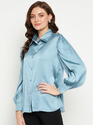 Image of Fashfun Women's Shirt Solid Blue Satin Collared Neck Puff Sleeve Shirt