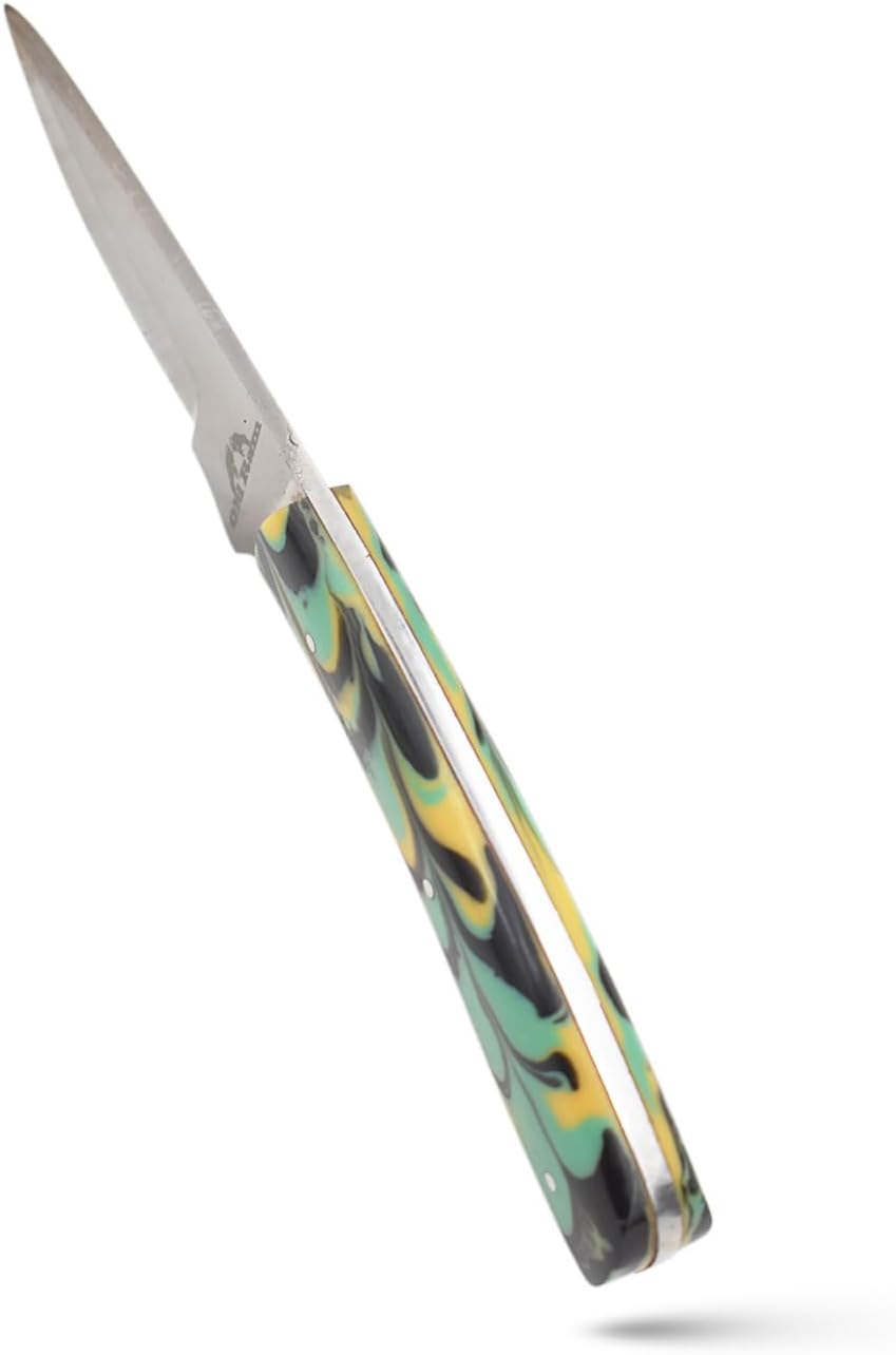Collection Heavy-Duty Fixed Blade Hunting Skinner Knife, Sharp Stainless Steel Outdoor Knife with Leather Sheath (Green Resin)