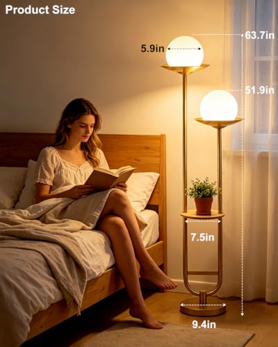 Image of 63IN Globe Floor Lamp with Shelf 2-Lights Modern Dimmable Floor Lamps with 3000K Soft Warm White Bulbs for Wedding /Party, Gold Tall Standing Lamp for Living Room /Bedroom /Home Office
