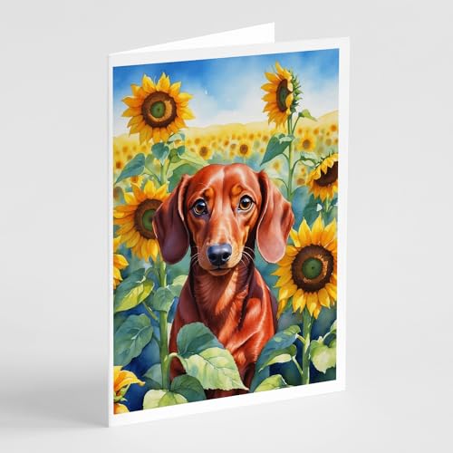 Caroline's Treasures Dachshund in Sunflowers Greeting Cards Pack of 8 Blank Cards with Envelopes Whimsical A7 Size 5x7 Blank Note Cards