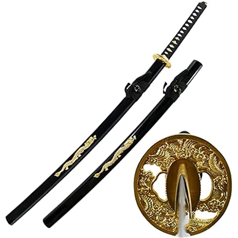 Makoto Hand Forged Sharp Samurai Sword - Crystal Golden Dragon on Saya Cover