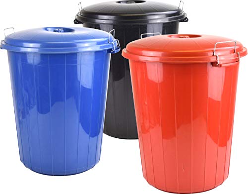 Sterling Ventures Set of 3 Storage Garden Waste Rubbish Dust Bin with Locking Lid Black Blue Red 50L