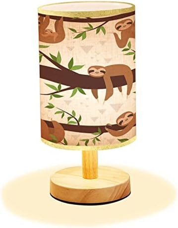 LOPYEIJFG Minimalist Bedside Table Lamp Sloth Seamless Cute Little Sleepy Baby Animal Wood Nightstand Lamp Bedside Desk Lamp Wood Base Flaxen Fabric Shade for Bedroom Living Room 5.5x11inch