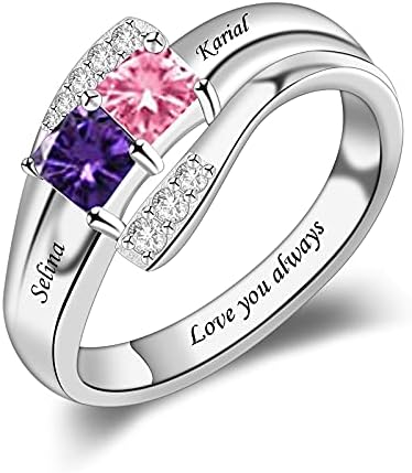 BAUMA AUTO Personalized Mothers Rings with 1-9 Simulated Birthstones Custom Anniversary Rings for Women Family Name Rings for Mom Grandmother (2 Stones)