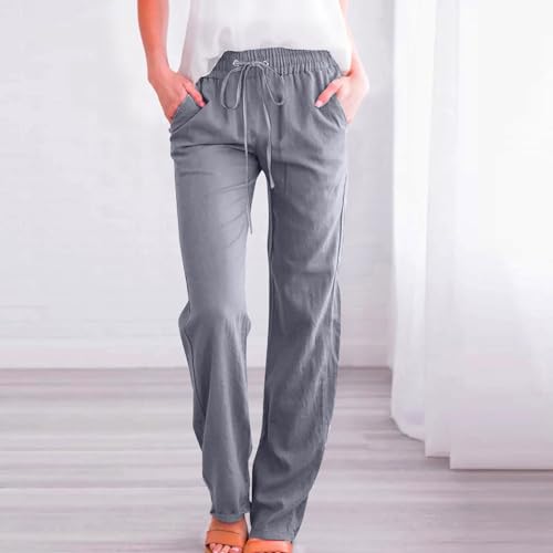 Image of Linen Pants Women High Waisted Drawstring Casual Pant Cotton Linen Straight Leg Lounge Trousers with Side Pockets
