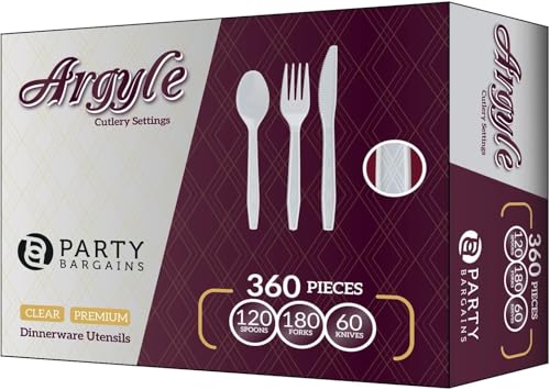 PARTY BARGAINS Argyle White Plastic Cutlery Set 360-Piece – 180 Forks, 120 Spoons, 60 Knives – Heavy-Duty Disposable Utensils for Parties, Weddings, Buffets, BBQs & Catering – BPA Free