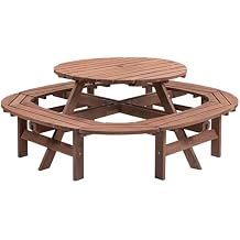 HomVent 10-Person Solid Wood Picnic Table for Patio Backyard Garden Outdoor Circular Picnic Table Set with Built-in Benches & Umbrella Hole, 500lb Capacity - Walnut
