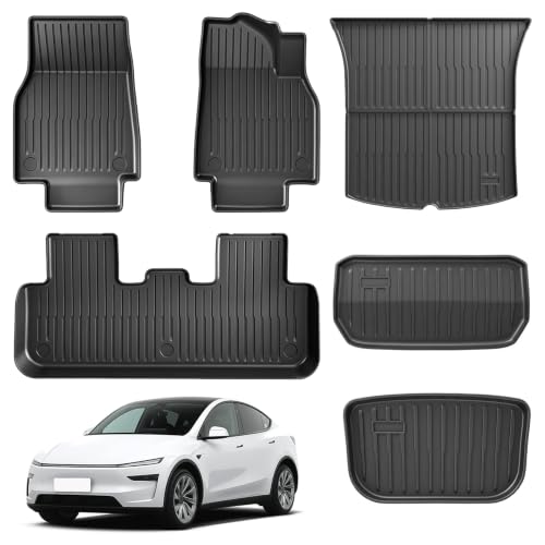 【Xpang】テスラ Model Y ジュニパー 専用 フロアマット 6点セット 2025-2026年モデル対応 TPE素材 防水 防汚 3D立体構造 滑り防止 全天候型 カーマット フロントトランクマット リアトランクマット 車種専用設計 ペット・子供対応 ブラック (黒色の単層, テスラ モデルYに対応（Model Y）)