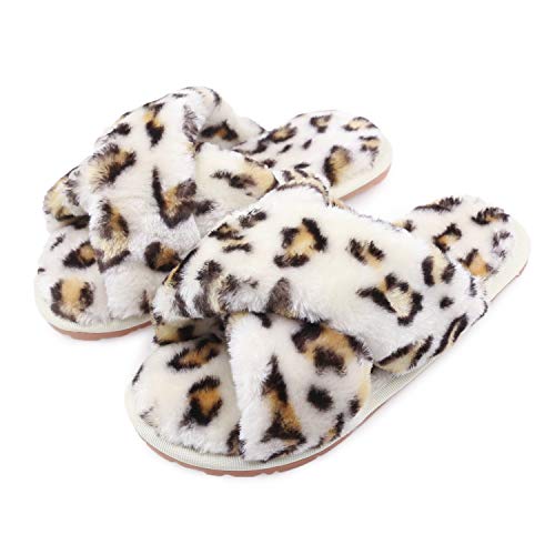 Womens House Fuzzy Slippers Leopard Cross Band Soft Plush Fluffy Slippers Furry Fleece Slip On Slippers Open Toe House Warm Bedroom Shoes Slides For Indoor Outdoor (White Leopard, Numeric_9) #TOP4