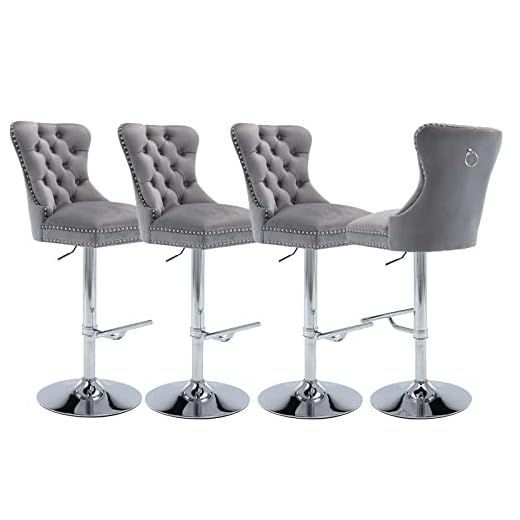 Kmax Adjustable Barstool with Ring Pull Velvet Upholstered Swivel High Bar Stool Chair with Back Modern Counter Stool for Home Kitchen Bar, Gray-4PCS