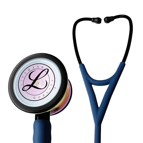 Image of 3M Littmann Cardiology IV Stethoscope, 6242C, 27 inch Navy Blue Satin Finish Tube for Added Comfort, Flexibility and Cleanability, Stainless Steel High Polish Rainbow Chestpiece