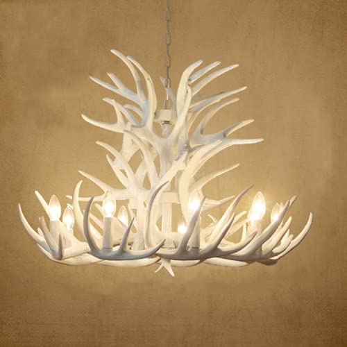 White Antler Chandelier, Bigmaii Farmhouse Rustic Deer Horn Chandelier Lighting Classic Candle Style, Cabin Vintage Large Pendant Lamp 9 Lights 18 Arms, Faux Antler Hanging Ceiling Light #TOP6