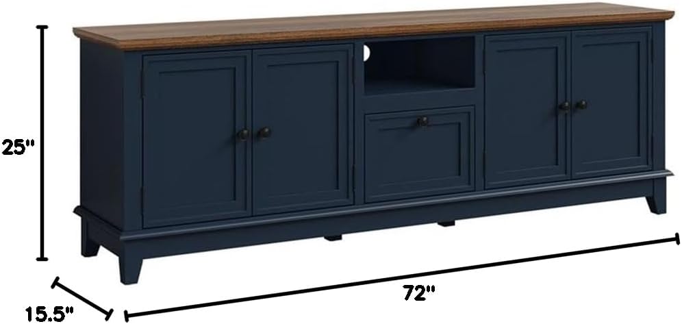 Pemberly Row 72-Inch Engineered Wood TV Stand, Navy Blue Finish, Fits TVs Up to 75", Adjustable Shelves, 3 Cabinets with Media Storage, Durable Living Room Entertainment Center with Cable Management
