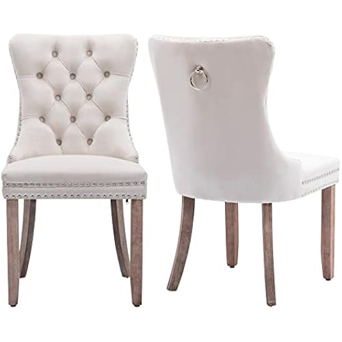 Aoowow Velvet Upholstered Dining Chairs Set of 2, Wingback Armless Side Chairs Button Tufted with Solid Wood Legs for Kitchen Dining Room (Beige)