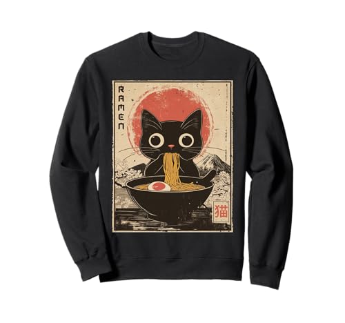 Gato divertido comiendo fideos ramen japonés Kawaii Anime Cat Sudadera