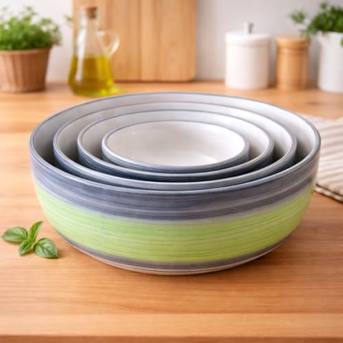 Image of Ceramic Mixing Bowl Set - 4 Pieces (1000ml, 750ml, 500ml, 300ml), Green Gray - Durable, Microwave & Dishwasher Safe - Ideal for Mixing, Serving & Storage