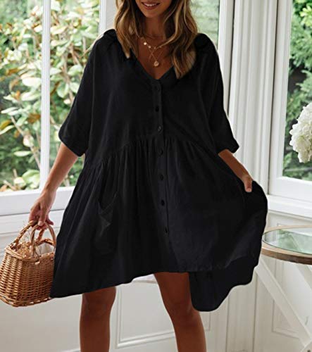 Wander Agio Beach Swimsuit For Women Sleeve Coverups Bikini Cover Up Shirt Button Pocket Down Skirt Black #TOP2