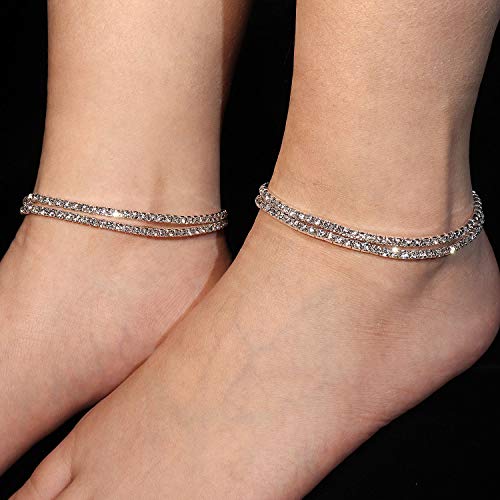Wovanoo 4Pcs Crystal Ankle For Women Cubic Zirconia Tennis Stretch Anklets Diamond Elastic Foot Chain White #TOP2