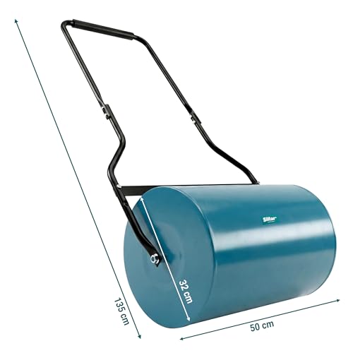 Sillar Walec Ogrodowy do Trawnika, 32 cm, Napełniany Wodą lub Piaskiem, Stalowy Walec Ręczny ze Składaną Rączką i Zgarniaczem, do Ugniatania, Wyrównywania i Regeneracji Trawnika