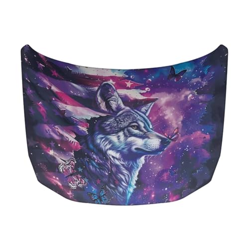 Image of Car Hood Cover Stretch Polyester Cover for Car Hood All Seasons Universal Auto Hood Protective Accessories for Sedan SUV Pickup Truck (American Flag Wolf Butterfly Design)