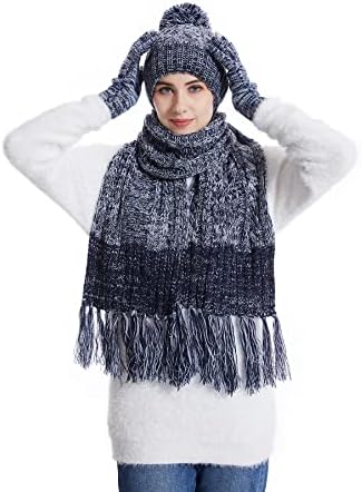 Lantra Besa Womens Hat Scarf and Gloves Set Ladies Knitted Cold Weather Set Thmernal Fleece Lined Winter Warm in Navy Blue Gray 66