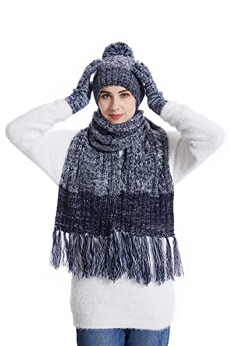 Lantra Besa Femmes 3 en 1 Pack Bonnet en Tricot Pompom Beanie écharpe Longue Frange et Gants à écran Tactile Ensemble de Accessoires par Temps Froid pour Hiver Épaisseur Chaud CH0067 - Bleu Gris Cover