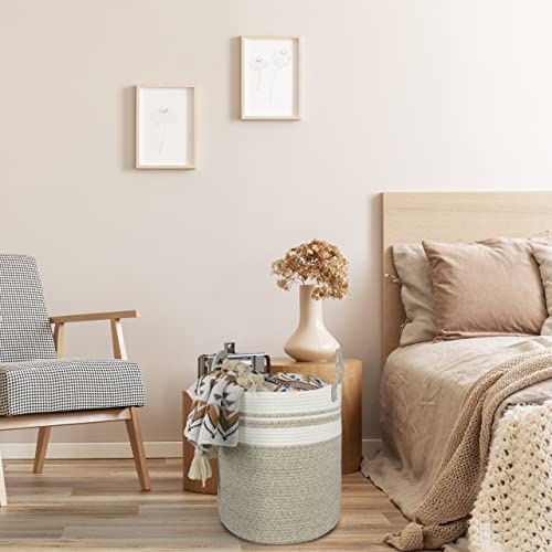 Image of XUANGUO Cotton Rope Laundry Basket Hamper for Clothes Large Brown and White | Baby Nursery Hamper Bin and Woven Storage Basket for Living Room Bedroom Boho Tall Rope Baskets Blankets Toys Pillows Towels