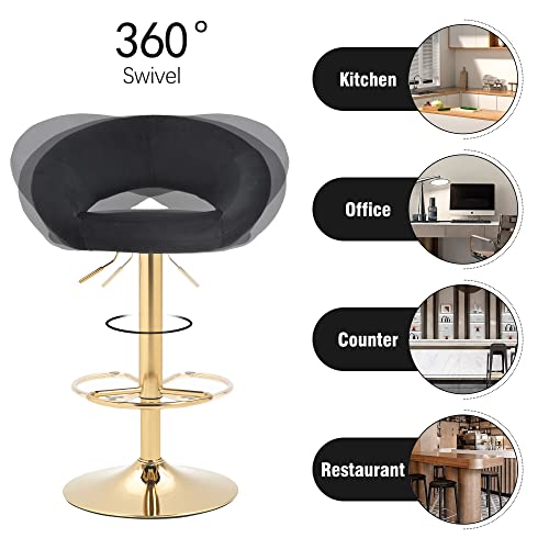 Nordicana Modern Adjustable Height Counter Bar Stools Set Of 2, Black Velvet Upholstered Swivel Barstools, Kitchen Island Dining Chairs, Gold Metal Base #TOP3