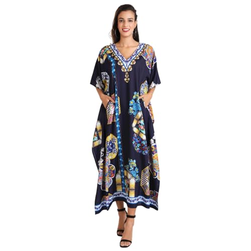 Image of Miss Lavish London Navy Kaftan Dresses for Women V Neck Batwing Sleeve Beach Vacation Bikini Swimsuit Cover Ups, Ethnic Print Plus Size African & Pockets, Resort Wear Cruise Coverup-Navy-S