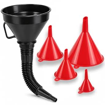 5 Pc Automotive Funnel Set, 4 Plastic Oil Funnels & Large Flexible Fuel Funnel with Hose, Car Oil Change Funnel Kit for Gas, Transmission Fluid, Coolant, Engine Oil, Fuel Transfer & Garage Use