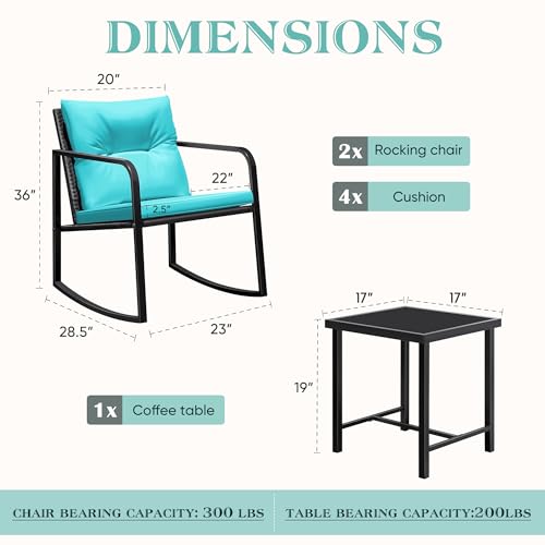 Greesum 3 Pieces Rocking Wicker Bistro Set, Patio Outdoor Furniture Conversation Sets with Porch Chairs and Glass Coffee Table, Blue - Image 4