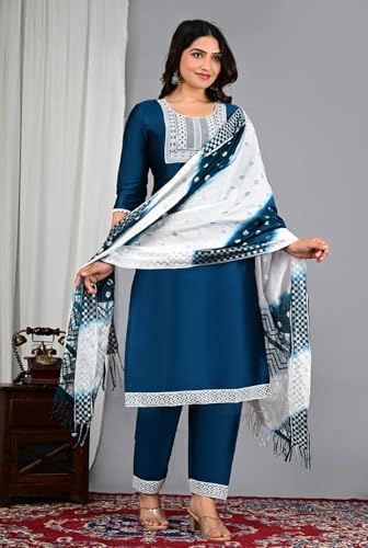 Image of Women's Silk Embroidered Kurta with Pant and Dupatta Set, Straight Style
