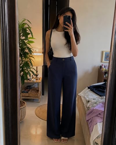 Image of Korean Pants for Woman | High Waist Wide Leg Trouser | Formal Office Casual Wear | Zero See-Through Semi-Stretchable Fabric