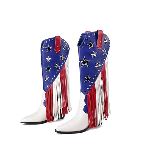 HiColor womens patriotic fringe studded cowboy boots pointed toe chunky heels boots