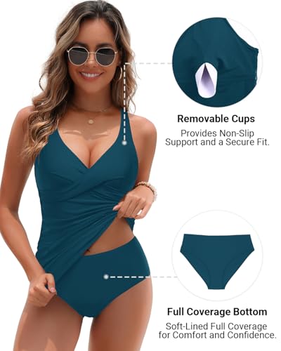 Image of Yonique Tankini Swimsuits for Women Tummy Control Bathing Suits Two Piece Tankini Tops with Bikini Bottoms Twist Swimwear