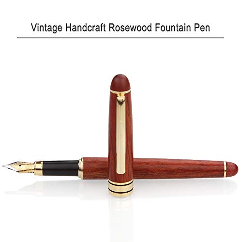 Advcer Fine Nib Fountain Pen With Wood 2In1 Pen Stand Gift Case, Vintage Rosewood Barrel Gold Trim Refillable Executive Fountain Pen And Showcase Set (Screw Type Ink Converter) For Business & Writing #TOP4