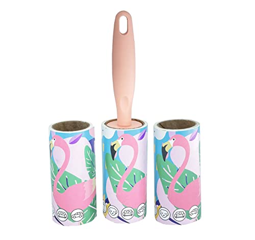 Image of House of Quirk Lint Rollers Brush Reusable Sticky Picker Cleaner Roller Easy-Tear Sheets Pet Hair Lint Roller 10cm Sheet Set of 3 Rolls 180 Sheets, 60 Sheets Each roll - Pink Flamingo