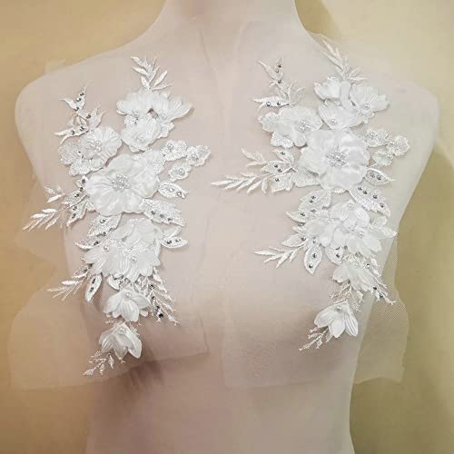 Embroidered Patches Nail Bead Tulle Applique Flower Patch For Clothing Wedding Dress Lace Fabric Diy Decoration (White) #TOP1