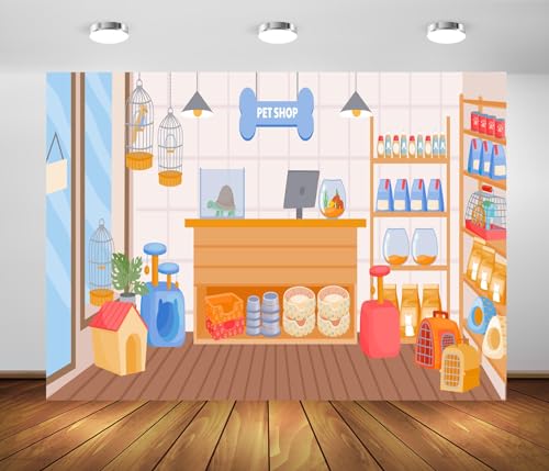 BELECO 7x5ft Fabric Cartoon Pet Shop Backdrop Pet Store with Doghouse Birds Cage Fish Tank Animals Food Photography Background Pet Party Decorations Kids Children Portrait Photoshoot Studio Props