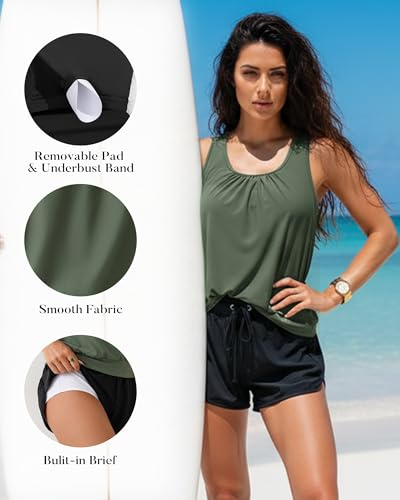 Image of Aidonger Women's Tankini Swimsuit Modest Two Piece Bathing Suit Tummy Control Athletic Blouson Tank Top with Short Bottoms