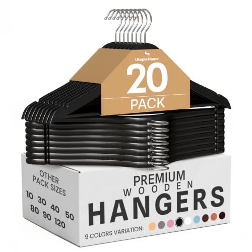 Utopia Home 20er Pack Holzbügel mit Hosenstange und Schulterrillen stabiles und schlankes Design für Mäntel Anzüge Hosen und Jacken Schwarz