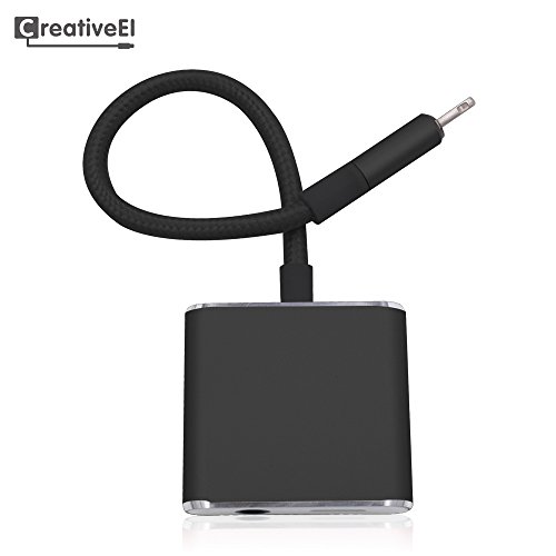 iPhone 7/7 Plus Audio Adapter, Charge Adapter, Earphone Adapter 2 in 1 Lightning 3.5mm Headphone Adapter Cable by CreativeEI (Bright Black)