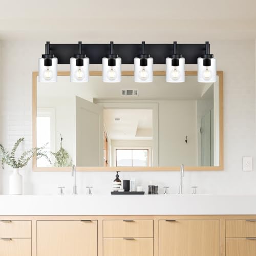 Image of BONLICHT 6 Light Bathroom Lighting Over Mirror with Clear Glass Shade, Modern Black Vanity Light Fixture Industrial Kitchen Wall Lights Farmhouse Wall Sconce Lamp for Hallway Dining Room Living Room