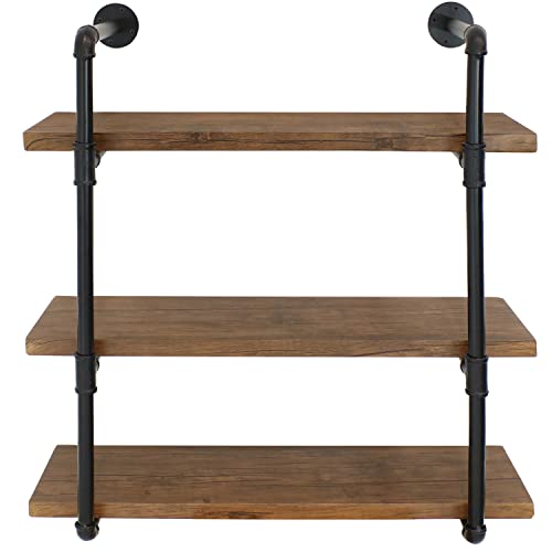 Sunnydaze 3-Tier Wall-Mount Bookshelf - Industrial Pipe Style Frame With Veneer Floating Shelves - Holds Books, Media, Storage Cubes, Dvds And More - North American Teak #TOP5