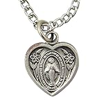 Miraculous Medal Necklace, Pewter Heart Shaped Pendant with Prayer Card, 16 Inch
