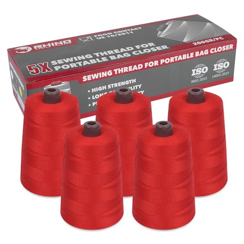 RHINO Pack de 5 Bobinas de Hilo para Máquinas de Coser Sacos | Conos de Poliéster 12/4 200g para Cerradoras de Costales de Alta Resistencia | Aptos para el Contacto Alimentario (Rojo)