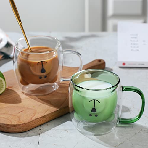 Double Wall Glass Bear Mugs 8.5Oz,Insulated Green Cute Bear Cups With Handle,Glass Milk Coffee Mugs For Valentine's Day Birthday Gifts #TOP3