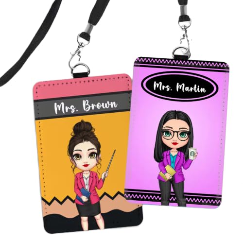 CALLIE Personalized Teacher Badge Holder for Educators with Custom Name Cartoon Character Pencil Crayon | PU Leather Horizontal and Vertical Styles | Back to School Gift for Teacher