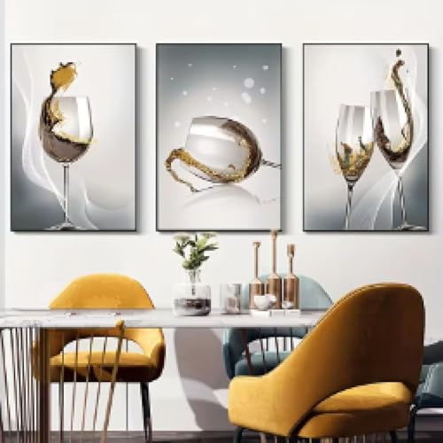 Impression sur toile verre à vin dorée : affiche murale abstraite salon 50x70 cm x3